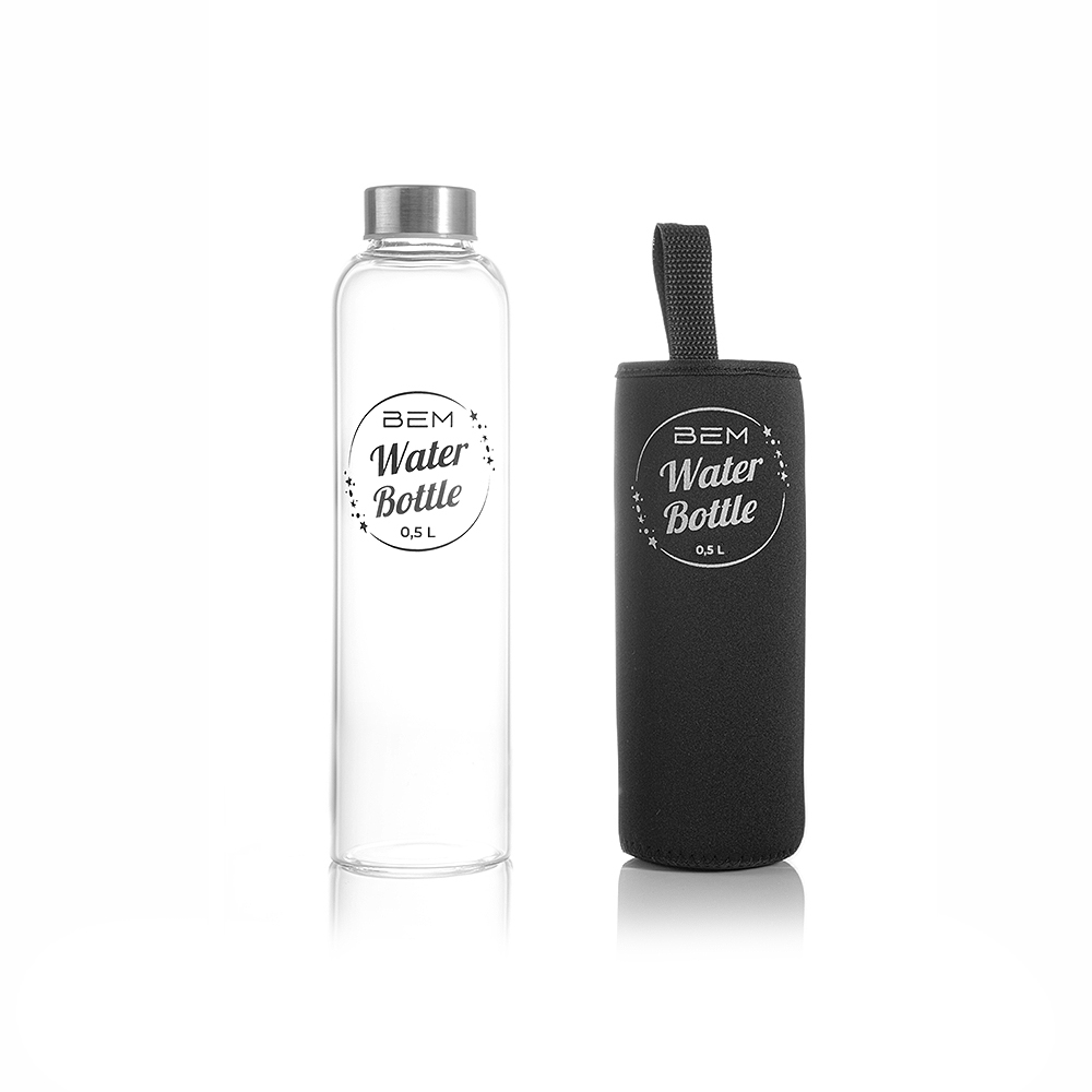 BEM Water Bottle - Trinkflasche mit Edelstahldeckel und schwarzer Hülle