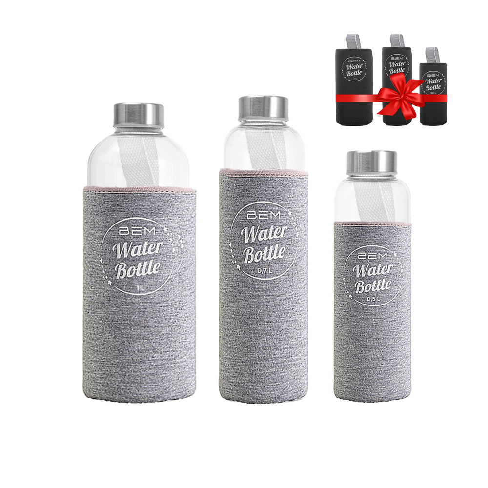 BEM Water Bottle-SET: 3 x Trinkflaschen je in schwarzer Hülle +