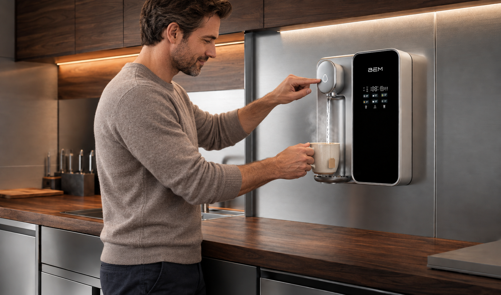 UNICORA Wasserfilter an der Wand in einer Küche mit einem Mann beim Teetrinken