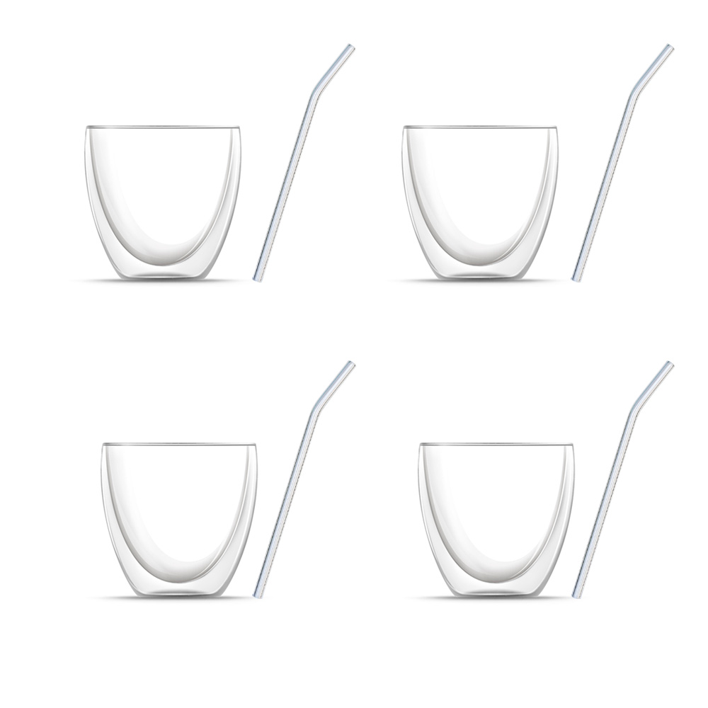 8-er Set: Vier Doppelwandige Kaffee Gläser (je 240 ml) & vier Glasstrohhalme