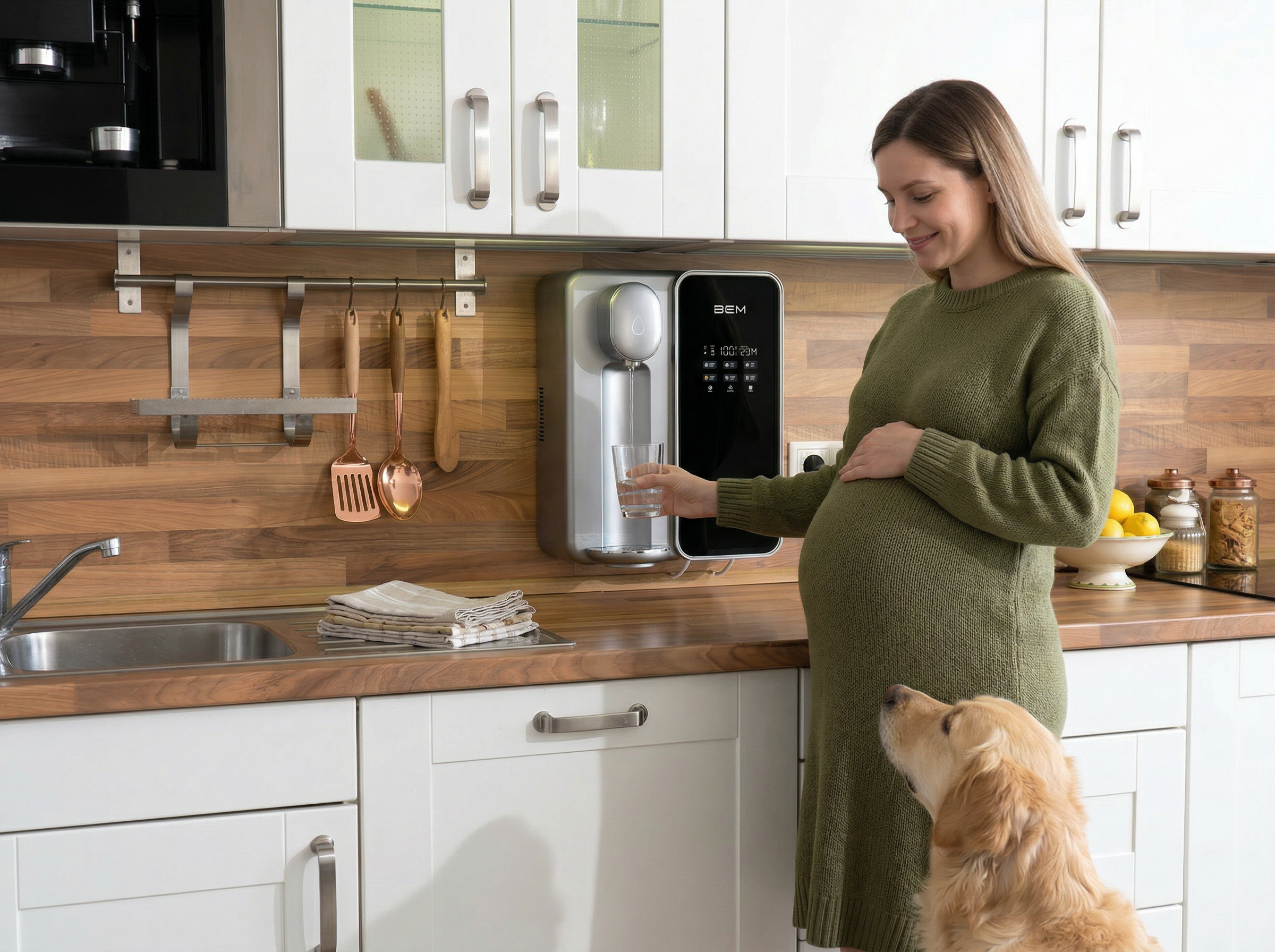 Familie in einer hellen Küche mit UNICORA Wasserfilter