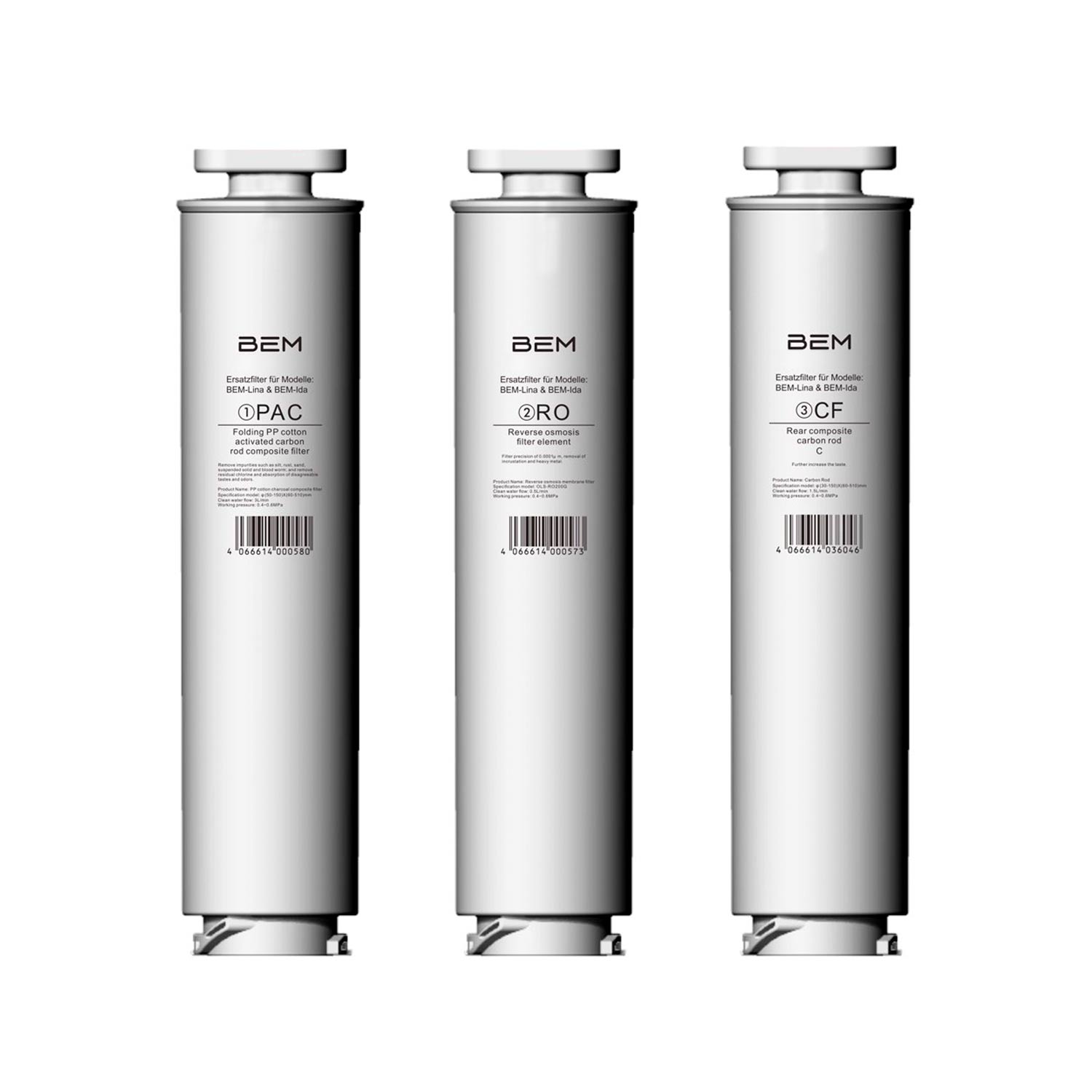 BEM LINA und BEM IDA 3er-SET Ersatzfilter (RO, PAC und CF) für BEM Lina und Ida Wasserfilter