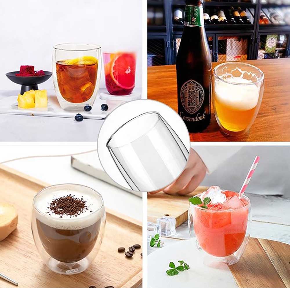 8-er Set: Vier Doppelwandige Kaffee Gläser (je 240 ml) & vier Glasstrohhalme