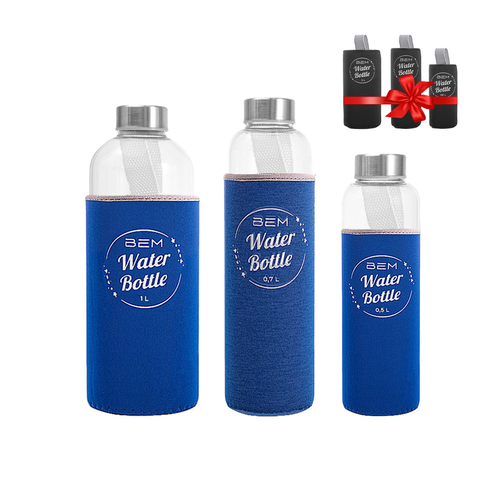 BEM Water Bottle-SET: 3 x Trinkflaschen je in schwarzer Hülle +